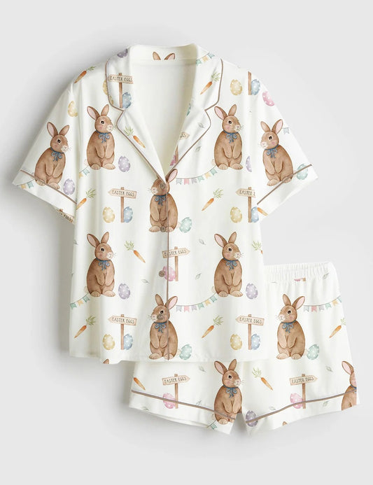Women's Easter Bunny Short Sleeve Satin Pajama Set
