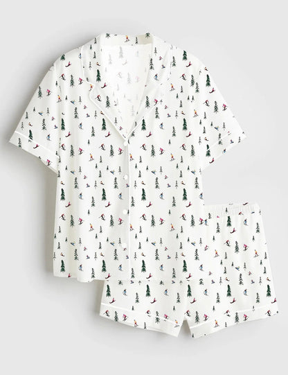 Women's Holiday Ski Short Sleeve Satin Pajama Set