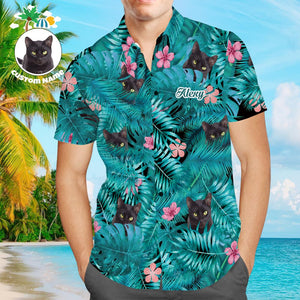 Custom Face Shirt with Text Men's Hawaiian Shirt Black Cat