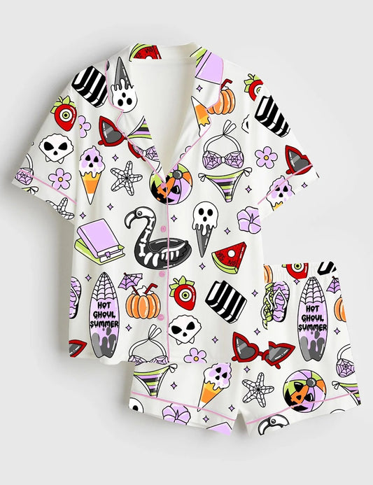Women’s Summerween Funny Halloween Spooky Season Pumpkin Halloween Print Short Sleeve Satin Pajama Set