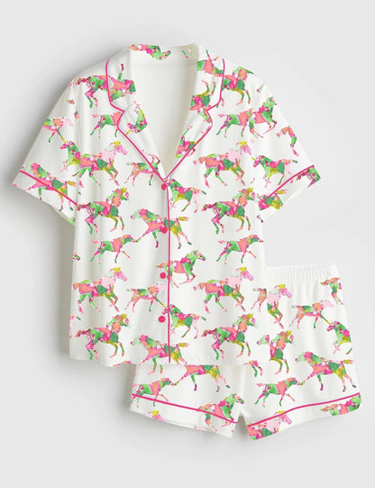 Women’s Watercolor Rose Derby Day Western Short Sleeve Satin Pajama Set