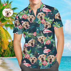 Face on Shirts Custom Hawaiian Shirt with Face Leaves & Flamingo Button Down Shirts