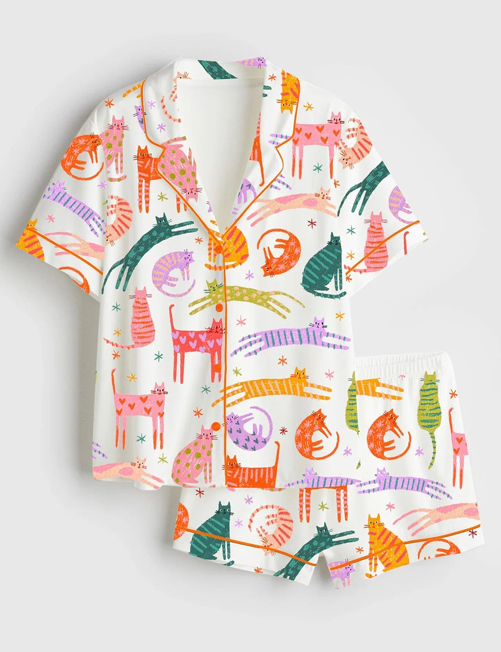 Women's Cute Cat Short Sleeve Satin Pajama Set