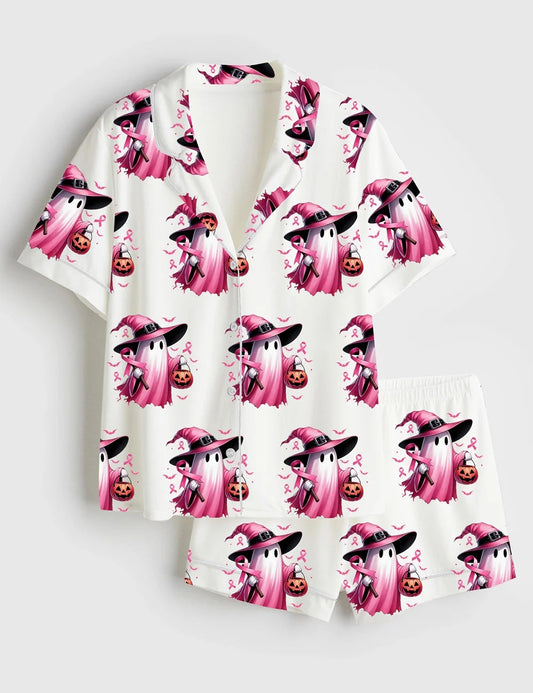 Women’s In October We Wear Pink Breast Cancer Awareness Halloween Pink Ghost Short Sleeve Satin Pajama Set