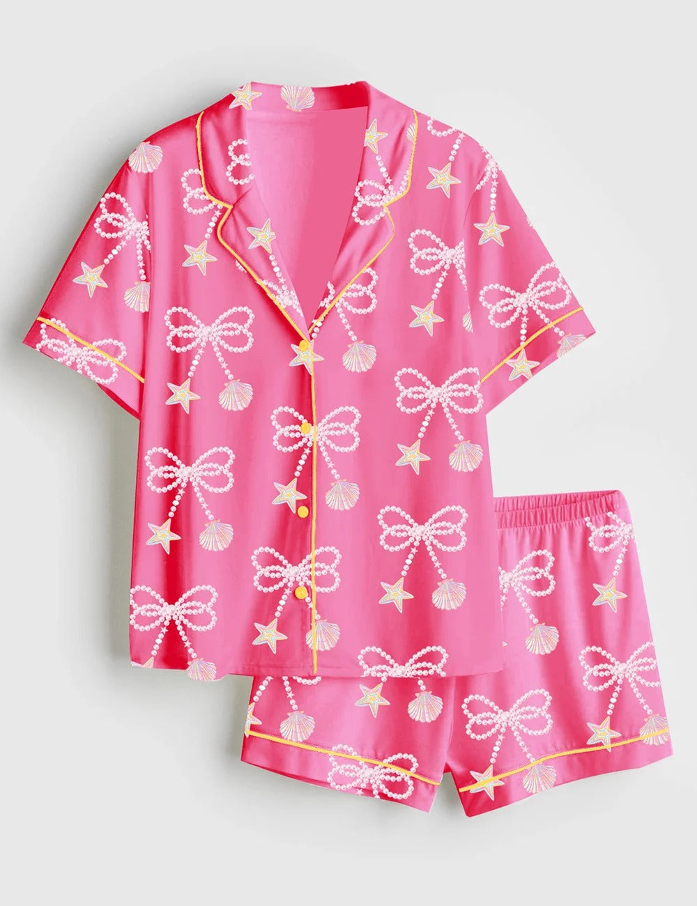 Women’s Coquette Clam Pearl Bow Coastal Seashell Starfish Preppy Summer Vibes Print Short Sleeve Satin Pajama Set