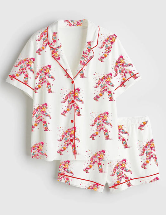 Women’s Big Foot Cute Floral Big Foot Adventure Nature Lover Print Short Sleeve Satin Pajama Set
