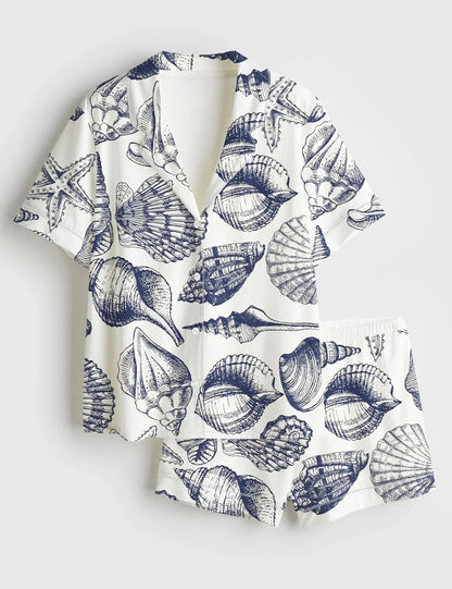 Women’s Vintage Seashell Coastal Aesthetic Summer Beach Travel Ocean Print Short Sleeve Satin Pajama Set