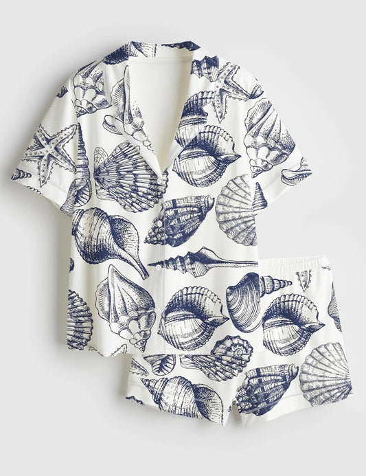 Women’s Vintage Seashell Coastal Aesthetic Summer Beach Travel Ocean Print Short Sleeve Satin Pajama Set