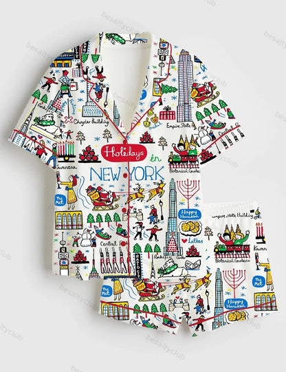 Christmas Holidays In New York Short Sleeve Satin Pajama Set