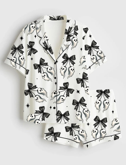 Women’s Halloween Spooky Black Lace Bow With Floating Ghosts And Stars Short Sleeve Satin Pajama Set