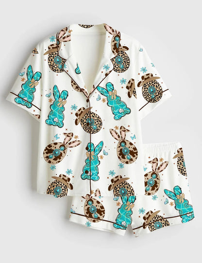 Women's Western Cowgirl Easter Bunny Short Sleeve Satin Pajama Set