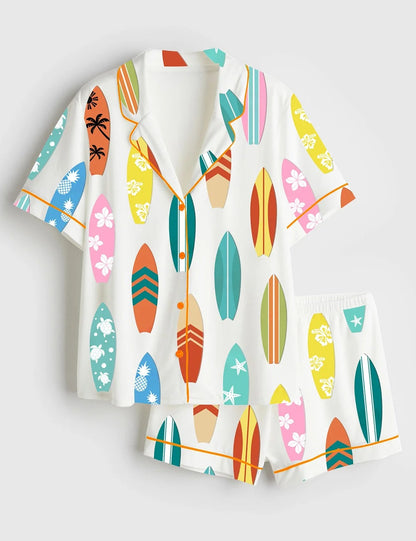 Women’s Surfboard Beach Wave Hawaii Surf Summer Beach Life Print Short Sleeve Satin Pajama Set