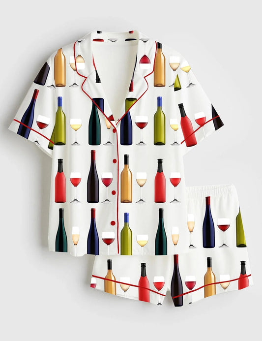 Women's Wine Bottle Short Sleeve Satin Pajama Set