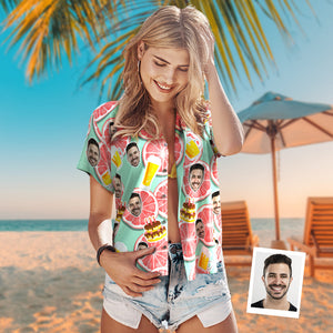 Custom Face Hawaiian Shirt Personalized Women's Photo Shirt Groovy Grapefruit