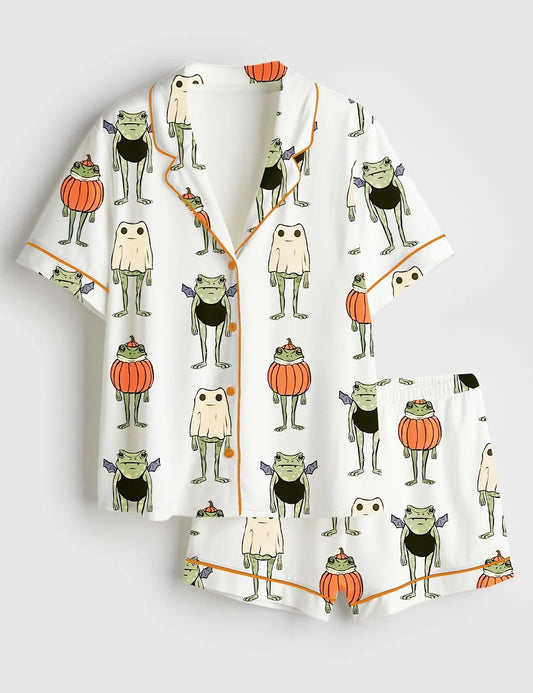 Women’s Halloween Frogs Spooky Cute Toad And Frog In Pumpkin Ghost And Bat Short Sleeve Satin Pajama Set