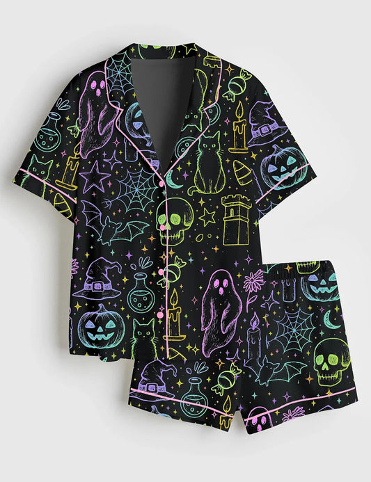 Women’s Halloween Neon Cute Boo Ghost Coquette Spooky Season Horror Movie Horror Night Print Short Sleeve Satin Pajama Set
