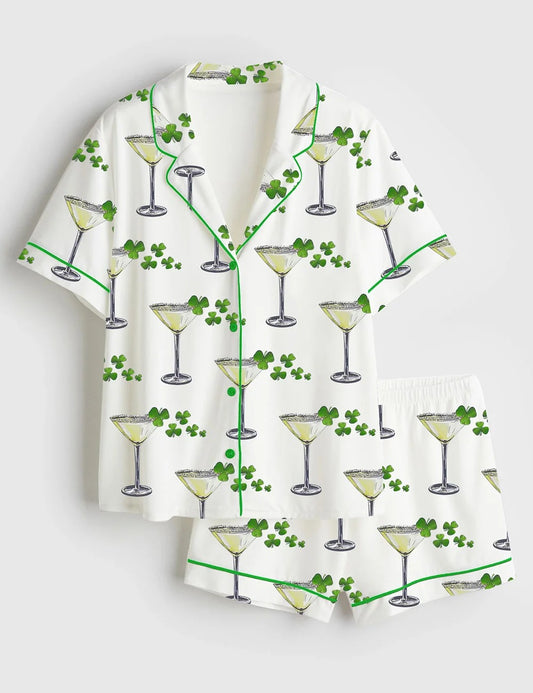 Women’s A Tini Bit Irish St. Patrick's Day Shamrock Print Short Sleeve Satin Pajama Set