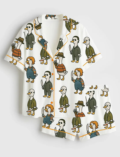 Women’s Just A Horror Goose Halloween Silly Goose Horror Movie Print Short Sleeve Satin Pajama Set