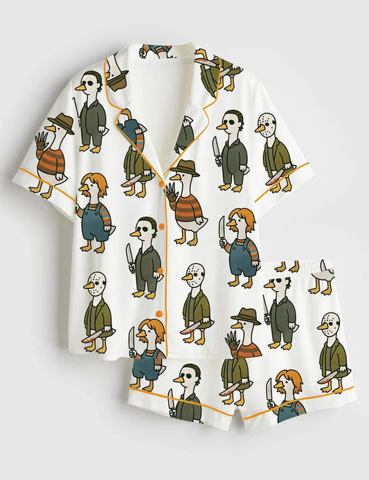 Women’s Just A Horror Goose Halloween Silly Goose Horror Movie Print Short Sleeve Satin Pajama Set