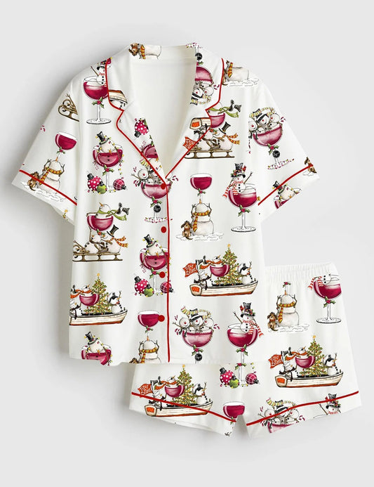Women's Christmas Winey Snowman Short Sleeve Satin Pajama Set