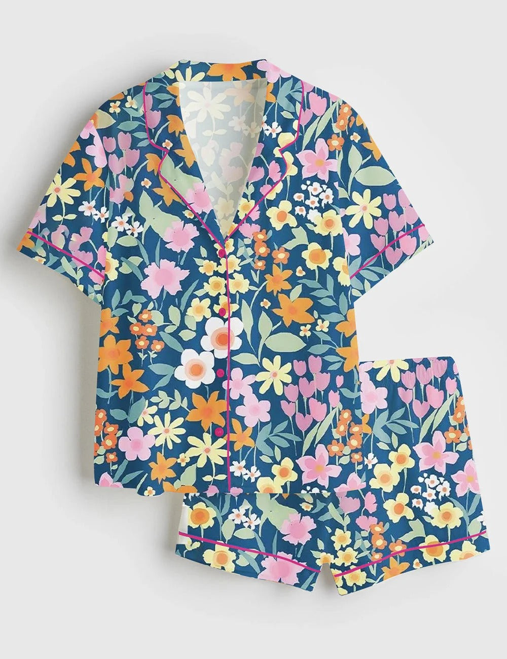 Women's Full Bloom Navy Floral Short Sleeve Satin Pajama Set