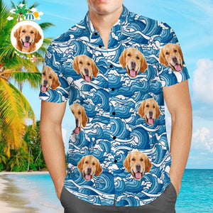 Custom Hawaiian Shirts Dog Face Waves Design Aloha Beach Shirt For Men