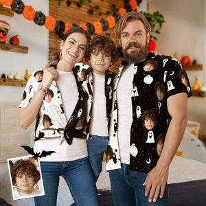 Custom Face Matching Family Hawaiian Outfit Halloween Print Two Tone Shirt Gift for Family