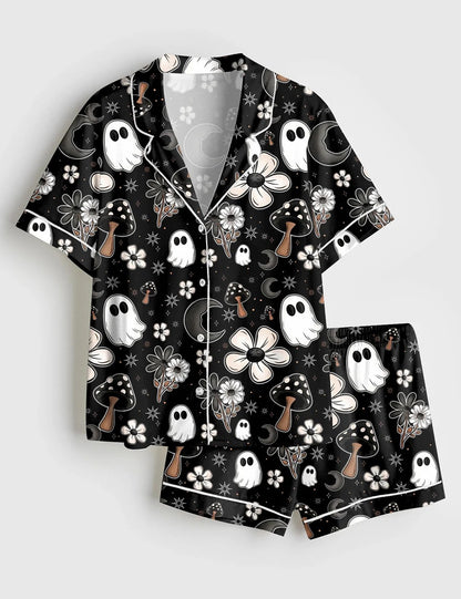 Women’s Halloween Cute Ghost Halloween Mushroom Flowers Print Short Sleeve Satin Pajama Set