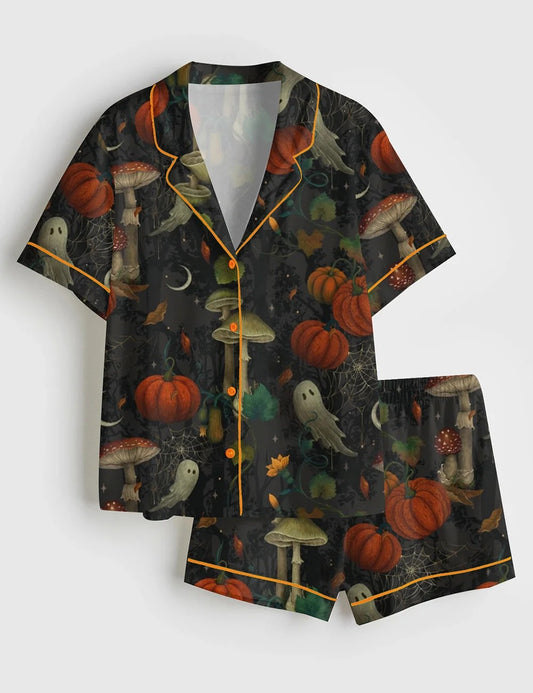 Women’s Spooky Halloween Autumn Ghost And Cottagecore Halloween Trick Or Treat Horror Night Mushroom Short Sleeve Satin Pajama Set