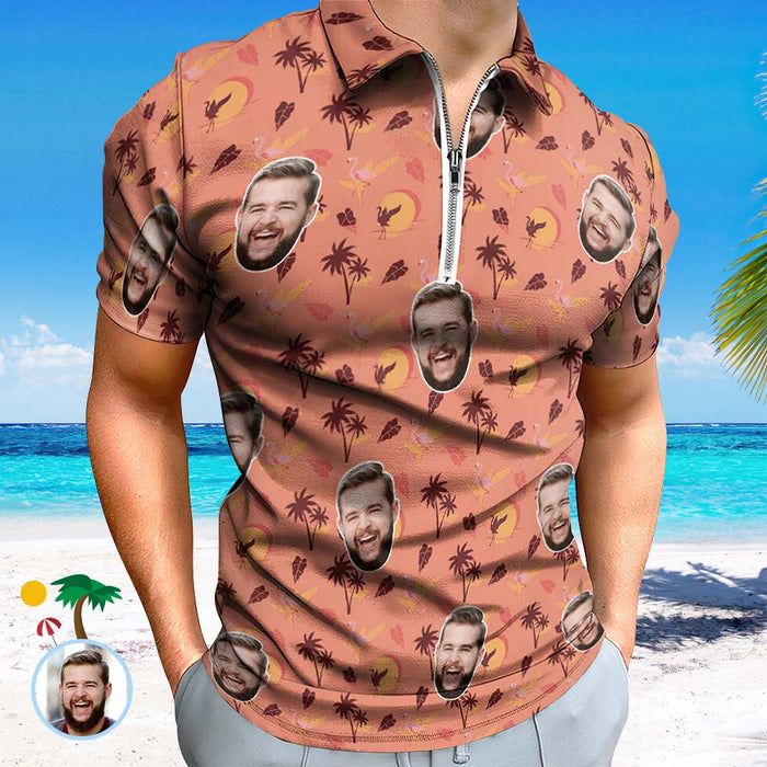 Custom Flamingo Tropical Sunset Men's Polo Shirt Personalized Face Funny Polo Shirt with Zipper