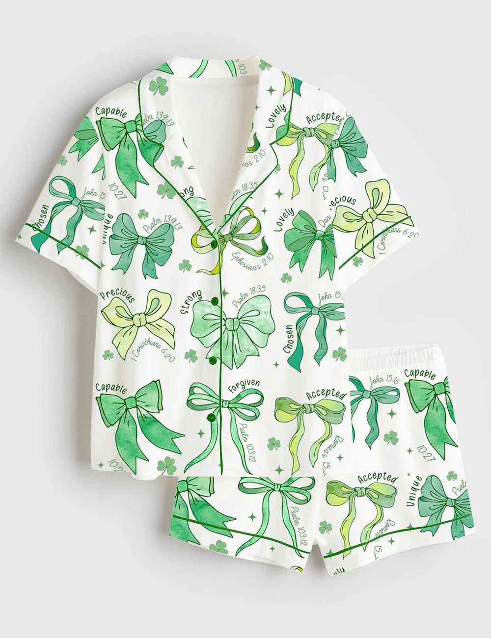 Jesus Christian St.Patrick Day Coquette Bow Short Sleeve Satin Pajama Set