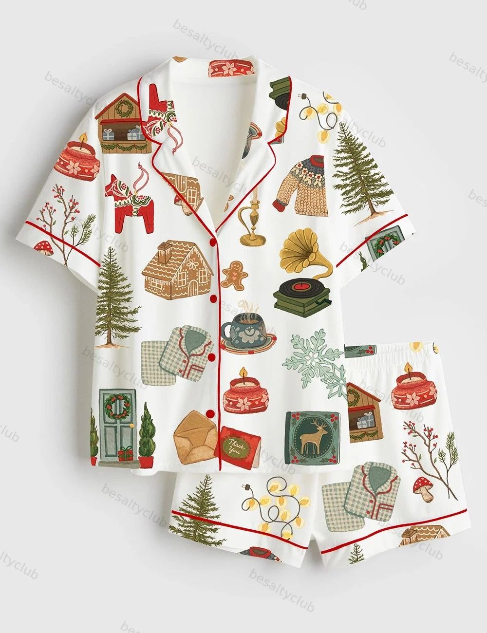 Christmas Lights Cookies Winter Sweater Elk Snowflakes Hot Cocoa Christmas Decorations Christmas Trees Gifts Short Sleeve Satin Pajama Set