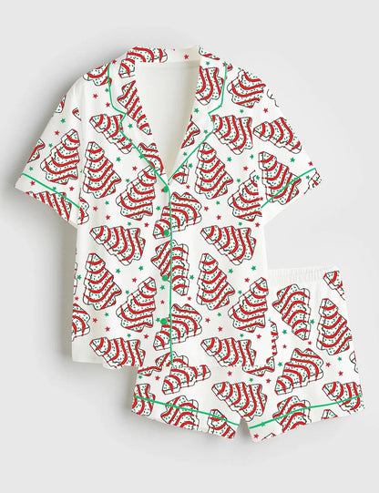 Women's Christmas Tree Cake Shorts Sleeve Satin Pajama Set