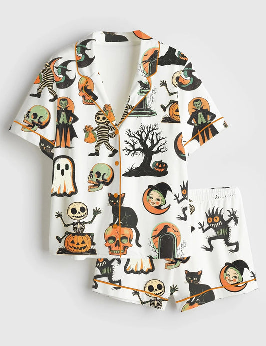 Women’s Vintage Halloween Pumpkins Witches Short Sleeve Satin Pajama Set