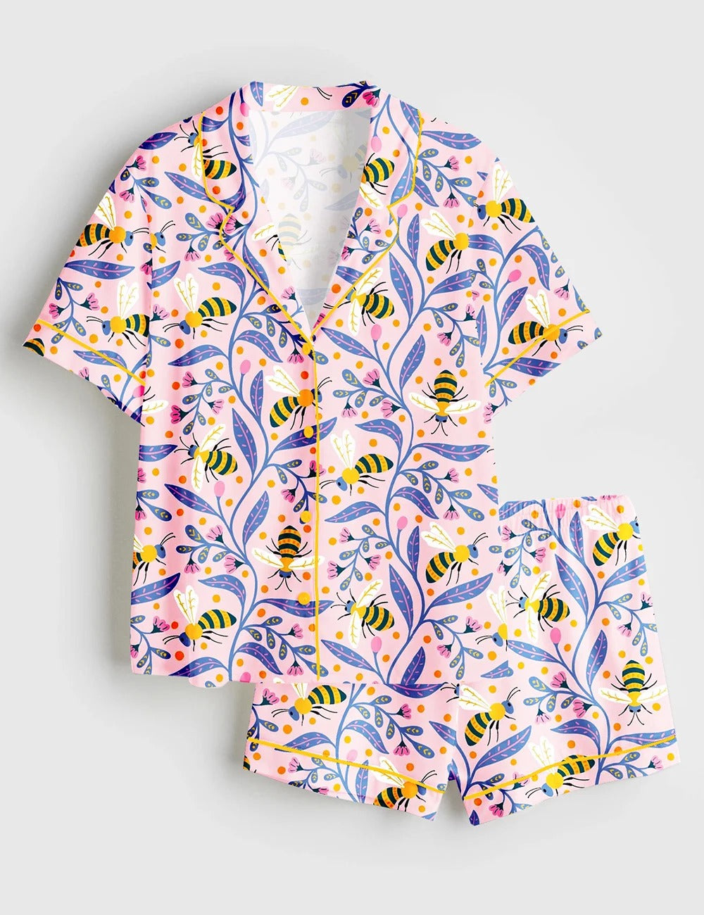 Women's Colorful Bees And Flowers Short Sleeve Satin Pajama Set