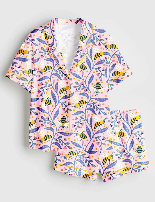 Women's Colorful Bees And Flowers Short Sleeve Satin Pajama Set