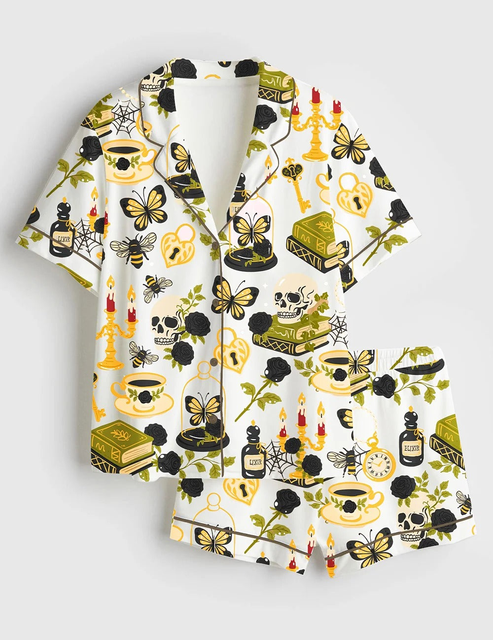 Men’s Dark Academia Halloween Skull Red Rose Gothic Witchy Spooky Cozy Aesthetic Print Short Sleeve Satin Pajama Set