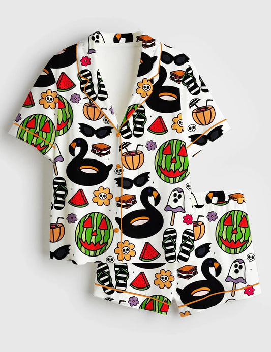 Women’s Summerween Halloween Ghost Slasher Scary Jack O Melon Swan Pool Float Print Short Sleeve Satin Pajama Set