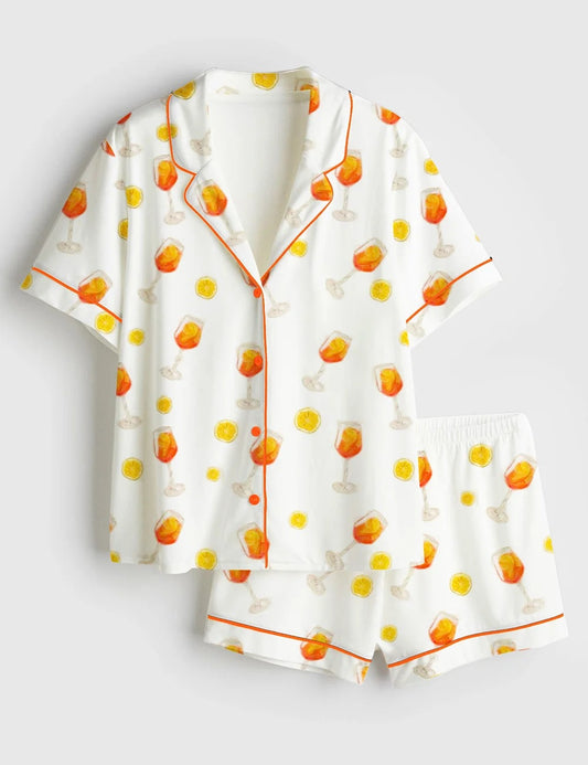 Women's Apawrol Spritz Aperol Spritz Trio Orange Drinks Bottle Wine Short Sleeve Satin Pajama Set