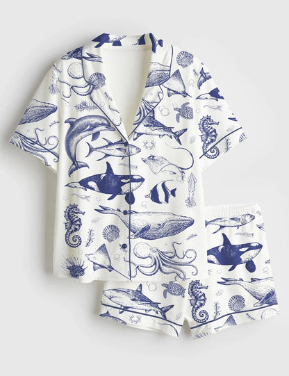 Women’s Ocean Nature Vintage 90s Tattoo Sea Animal Print Short Sleeve Satin Pajama Set