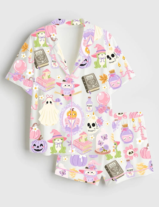 Women’s Witchy Halloween Spooky Halloween Aesthetics Witchy Coquette Pastel Halloween Witch Print Short Sleeve Satin Pajama Set