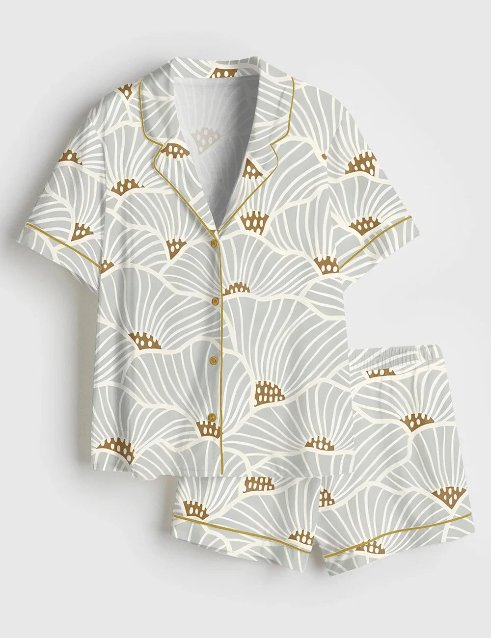 Women’s Neutral Flowers Modern Geometric Soft Lines Art Print Short Sleeve Satin Pajama Set