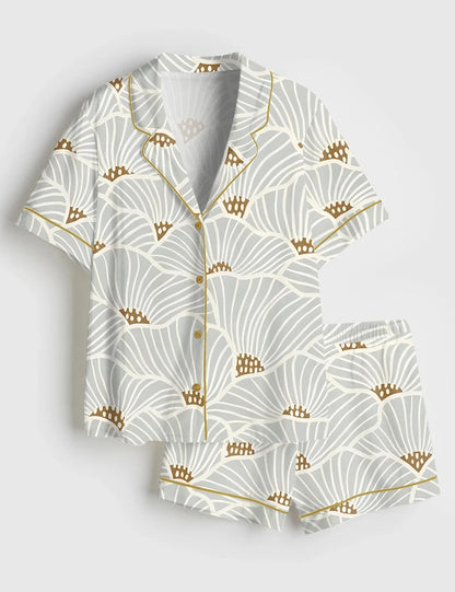 Women’s Neutral Flowers Modern Geometric Soft Lines Art Print Short Sleeve Satin Pajama Set