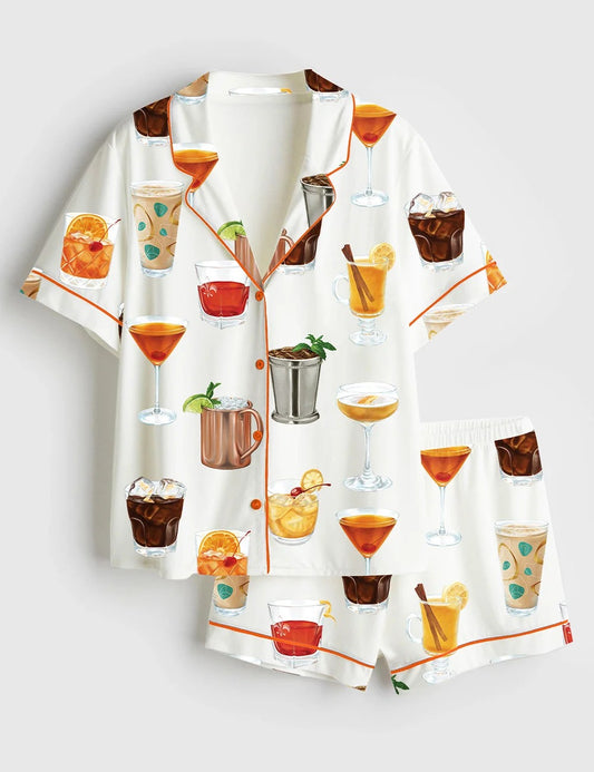 Women's Aperol Spritz Margarita Cocktail Short Sleeve Satin Pajama Set
