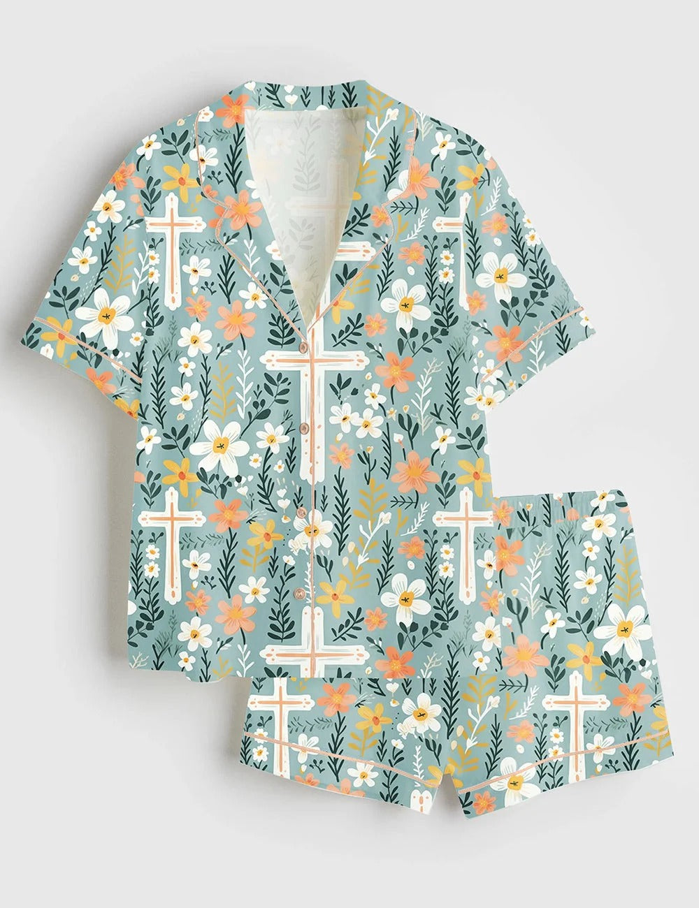 Women's Christian Cross Easter Short Sleeve Satin Pajama Set