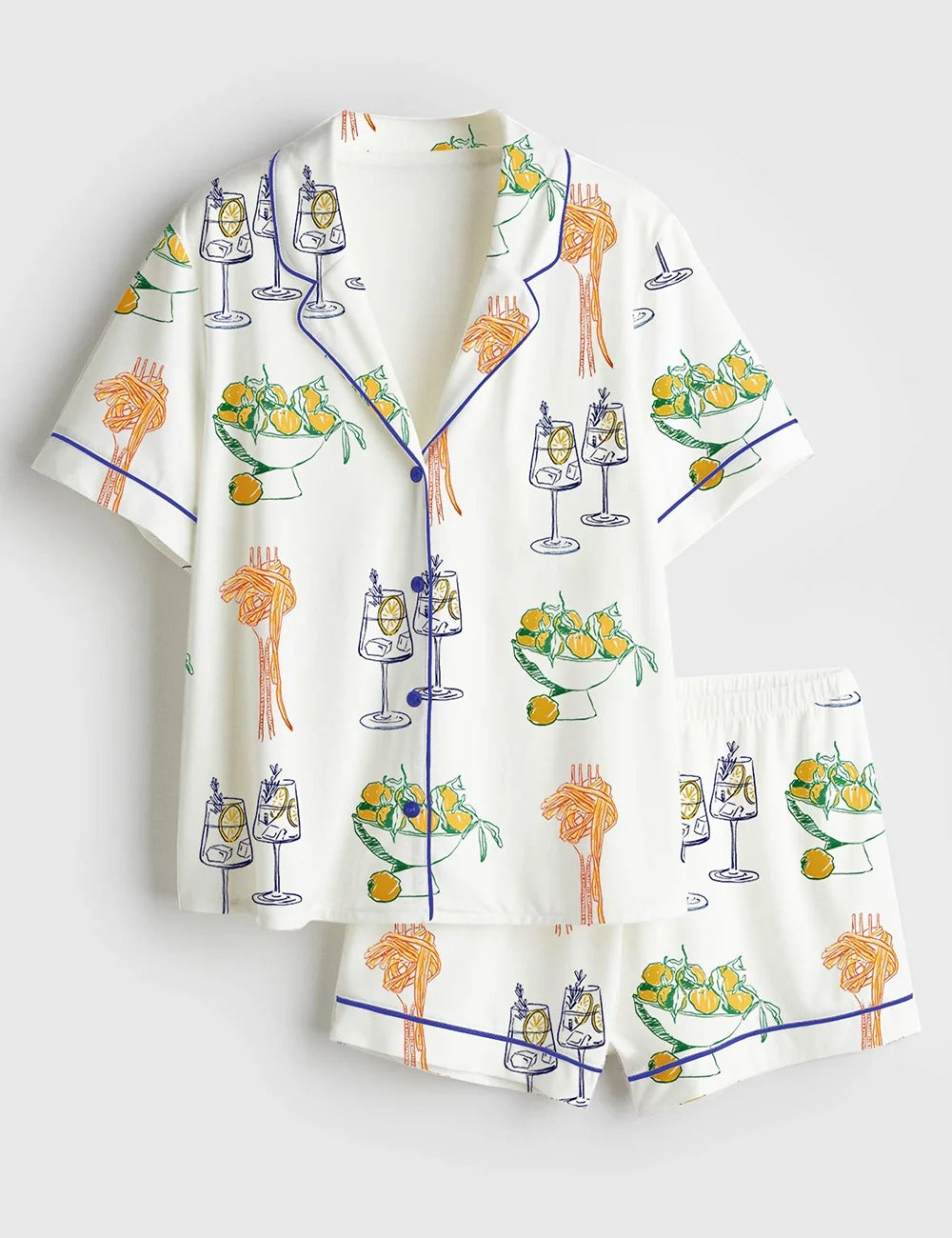 Women's Kitchen Art Cocktail Drinks Pasta Lover Short Sleeve Satin Pajama Set