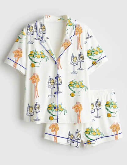 Women's Kitchen Art Cocktail Drinks Pasta Lover Short Sleeve Satin Pajama Set