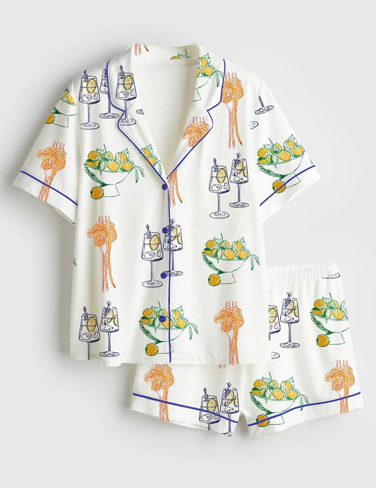 Women's Kitchen Art Cocktail Drinks Pasta Lover Short Sleeve Satin Pajama Set