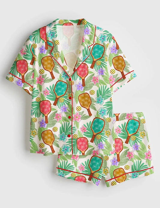 Women’s Tropical Pickleball Fun Vibrant Floral Game Day Sports Short Sleeve Satin Pajama Set