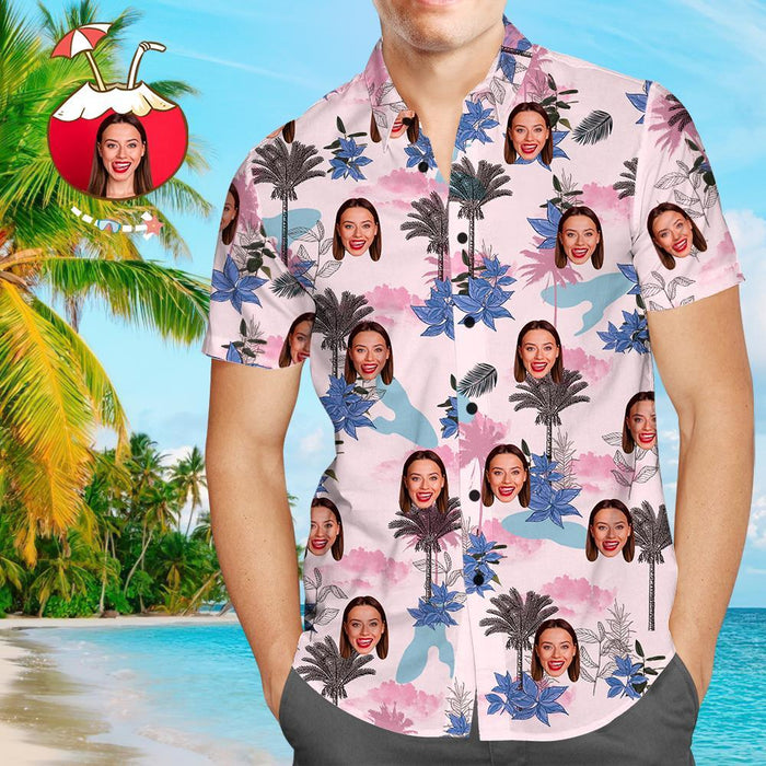 Custom Face Personalized Hawaiian Shirt All Over Print Clouds And Trees
